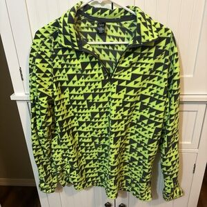City Streets Neon Green Geometric Quarter Zip Fleece Pullover M 90s Ski Style